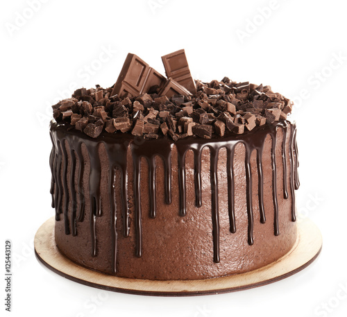 Tasty chocolate cake isolated on white