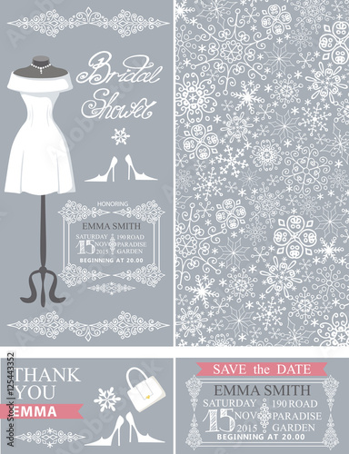 Bridal shower cards.Winter wedding.Dress,pattern
