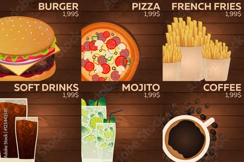 Fast food restaurant menu on wood background. Burger, pizza, french fries, soda, mojito and coffee.