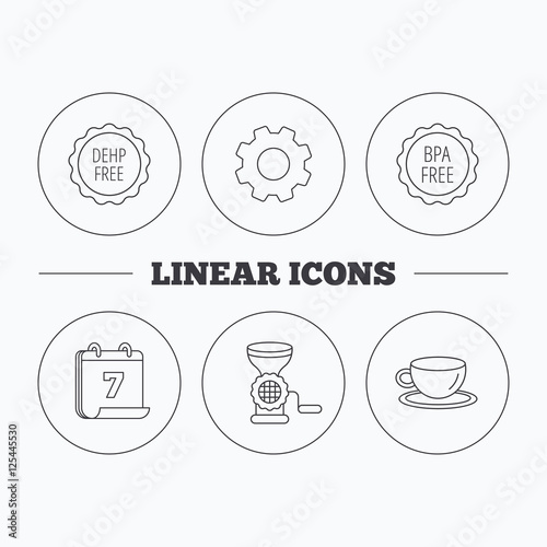 Coffee cup, meat grinder and BPA free icons.
