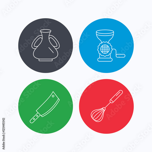 Meat grinder, butcher knife and whisk icons.