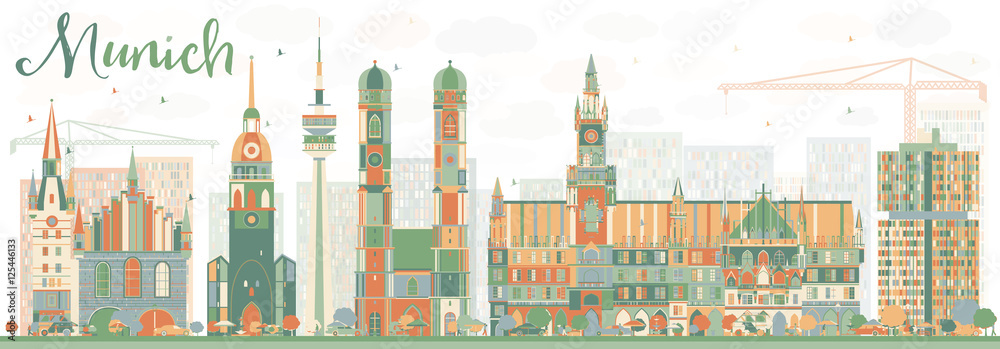 Naklejka premium Streszczenie panoramę Monachium z kolorowymi budynkami.