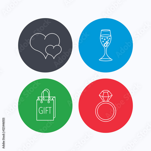 Love heart  gift bag and wedding ring icons.