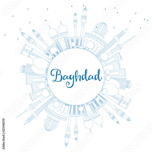 Outline Baghdad Skyline with Blue Buildings and Copy Space.