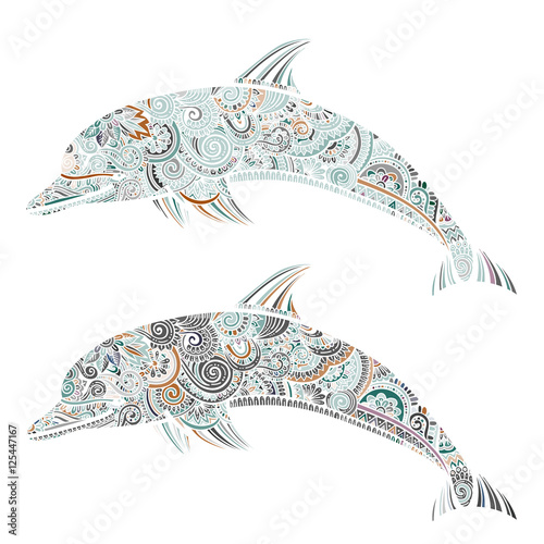 Hand drawn doodle dolphin zen tangle style beautiful doodles. illustration of sea animals