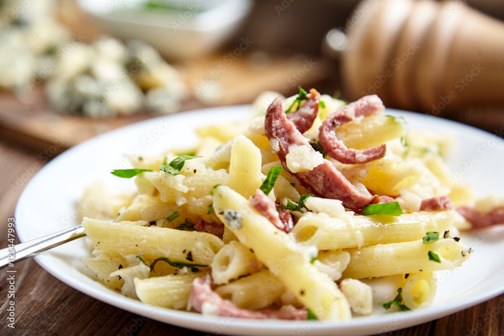 Pasta of Penne rigate, celery and smoked sausage Pasta of Penne rigate, celery and smoked sausage