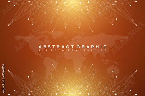 Graphic abstract background communication. Big data complex with compounds. Perspective backdrop with World Map. Minimal array Big data. Digital data visualization. Scientific vector illustration.