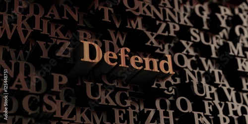 Defend - Wooden 3D rendered letters/message. Can be used for an online banner ad or a print postcard.