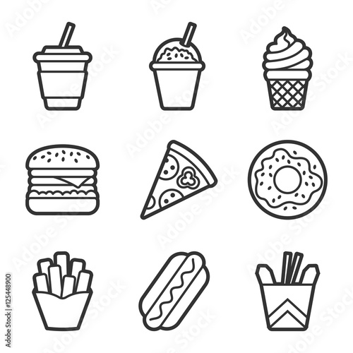 Fast food vector contour icon set. Fast food hamburger, cola, ice cream, pizza, donut, hot dog, noodles, french fries. Tasty fast food unhealthy meal. Isolated dishes on white background.