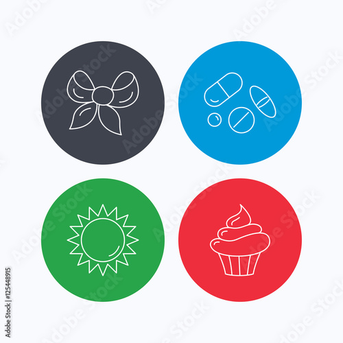 Medical pills, sun and bow-knot icons.