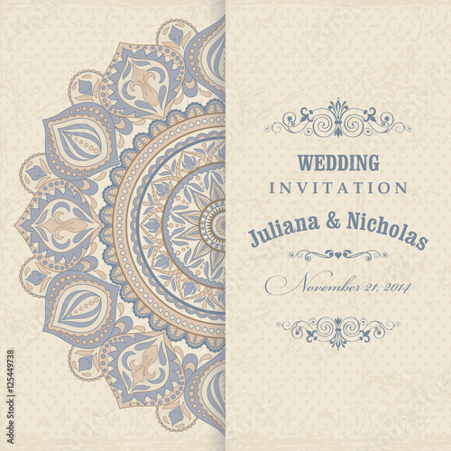 Invitation card arabic, mandala, brown, blue  and beige