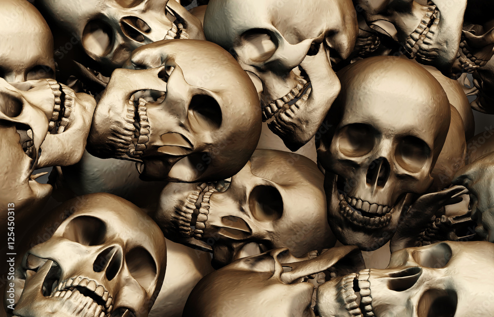3D illustration of Stack of human skulls.