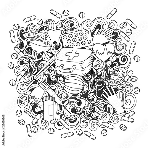 Cartoon cute doodles hand drawn Medicine illustration. Sketch detailed,