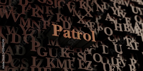 Patrol - Wooden 3D rendered letters/message. Can be used for an online banner ad or a print postcard.