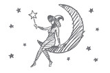 Vector hand drawn Halloween magic girl concept sketch. Halloween girl in cap sitting on Moon in sky with stars and holding magic wand in hand