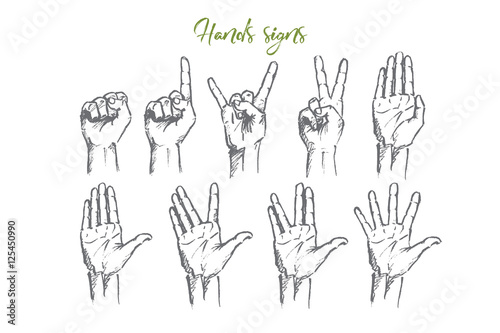 Vector hand drawn Hand signs concept sketch. Set of human palms with different gestures meaning different signs. Lettering Hands signs