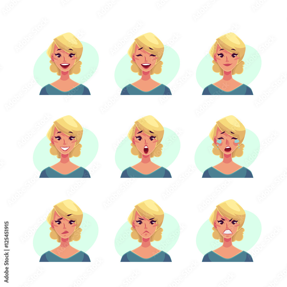 Girl face expression, set of cartoon vector illustrations isolated on blue background. Blond woman emoji face icons, symbols of human expressions, set of female avatars with different emotions Girl face expression, set of cartoon vector illustrations isolated on blue background. Blond woman emoji face icons, symbols of human expressions, set of female avatars with different emotions