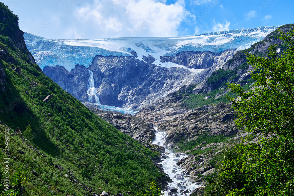 Looking up the canyon to Folgefonna Glacier in Hardanger Norway