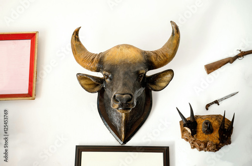Bison head wood carving.Bison head wood carving on wall