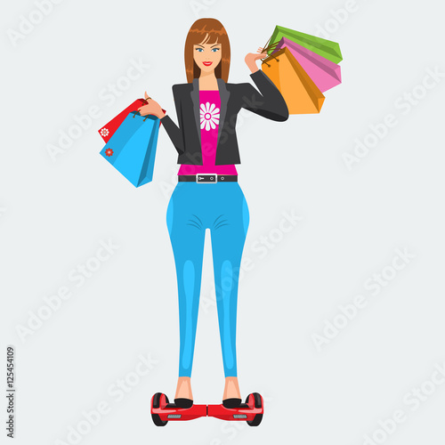 Happy cute and modern lady with shopping bags riding on self-balanced hoverboard. Illustration is with flat color style design.