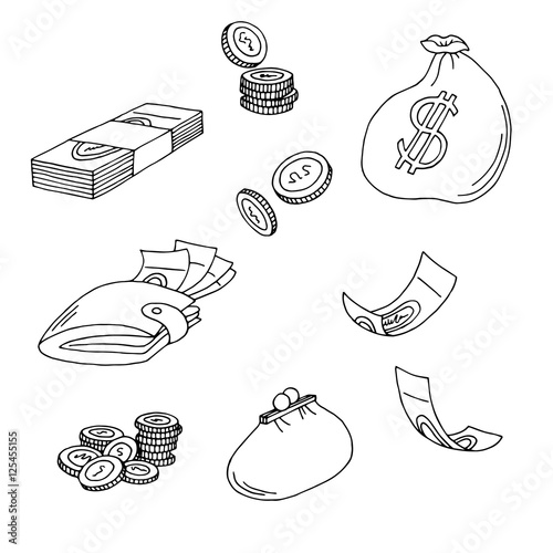 Money graphic set art black white sketch isolated illustration vector