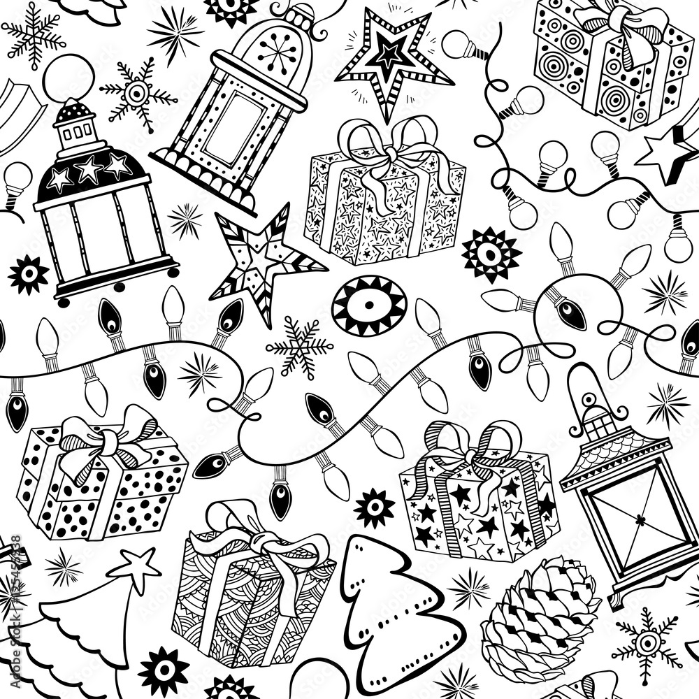 Christmas and New Year vector background. Black and white seamless ...