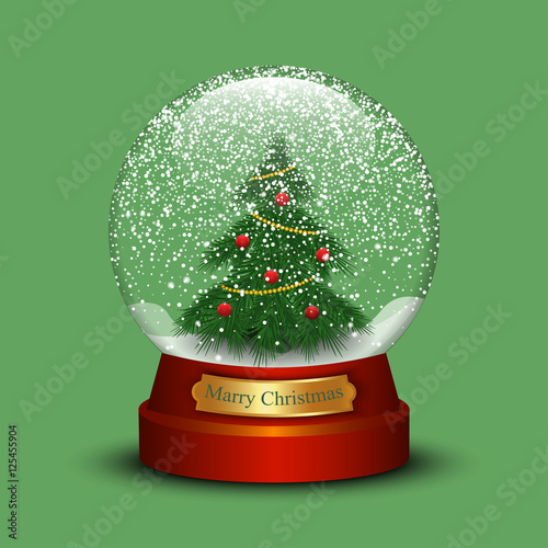 Realistic Christmas snow globe with christmas tree