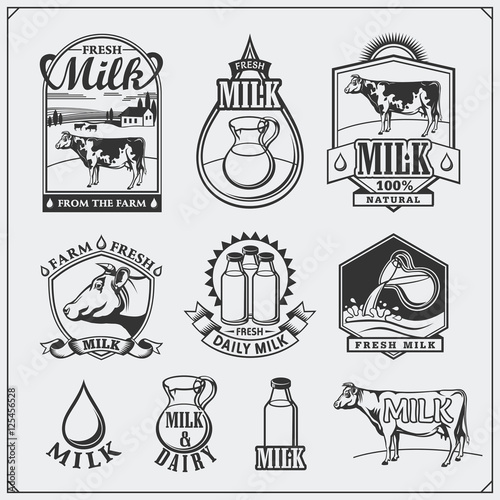 Cow's milk labels, emblems, icons and design elements. Fresh milk from the farm.