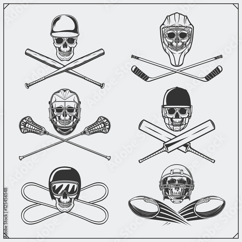 Set of sport emblems: ice hockey, lacrosse, baseball, football, cricket and snowboarding.