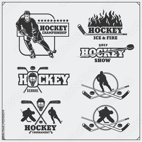 Set of ice hockey labels, emblems, icons, badges and design elements.