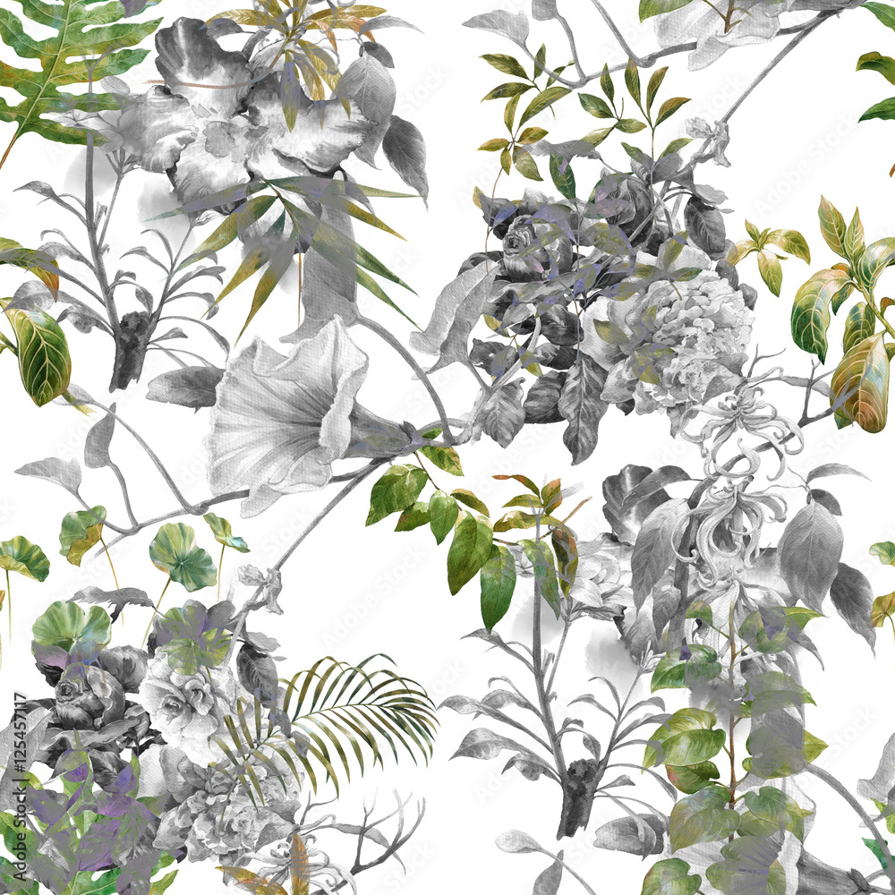 Fototapeta premium Watercolor painting of leaf and flowers, seamless pattern on white background