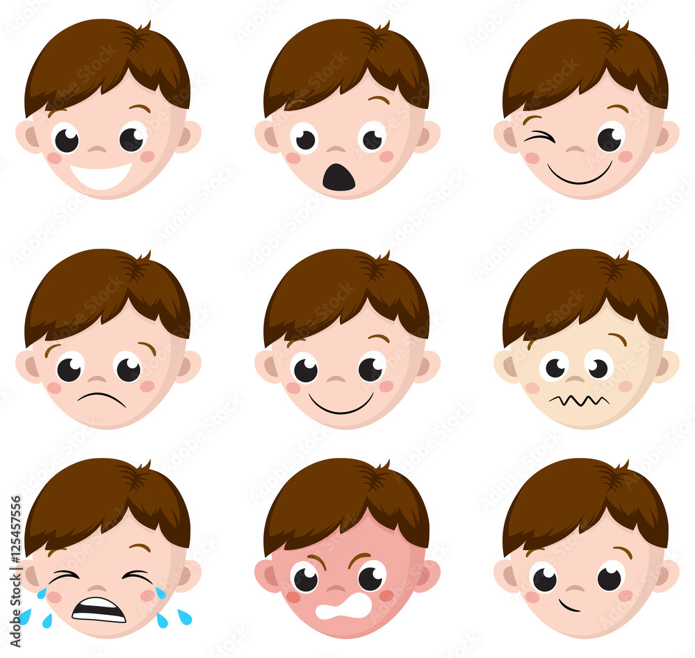 Boy Emotion Faces Cartoon. Isolated set of male avatar expressions. Vector Illustration Boy Emotion Faces Cartoon. Isolated set of male avatar expressions. Vector Illustration