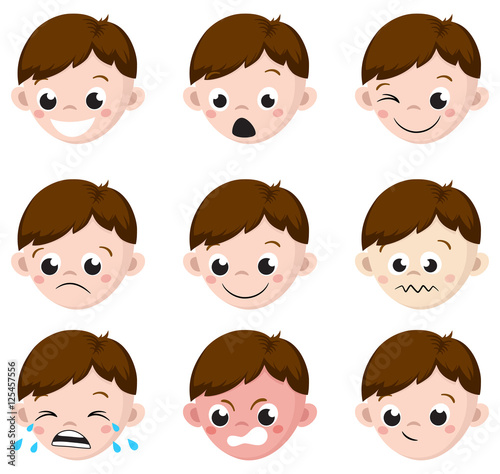 Boy Emotion Faces Cartoon. Isolated set of male avatar expressions. Vector Illustration