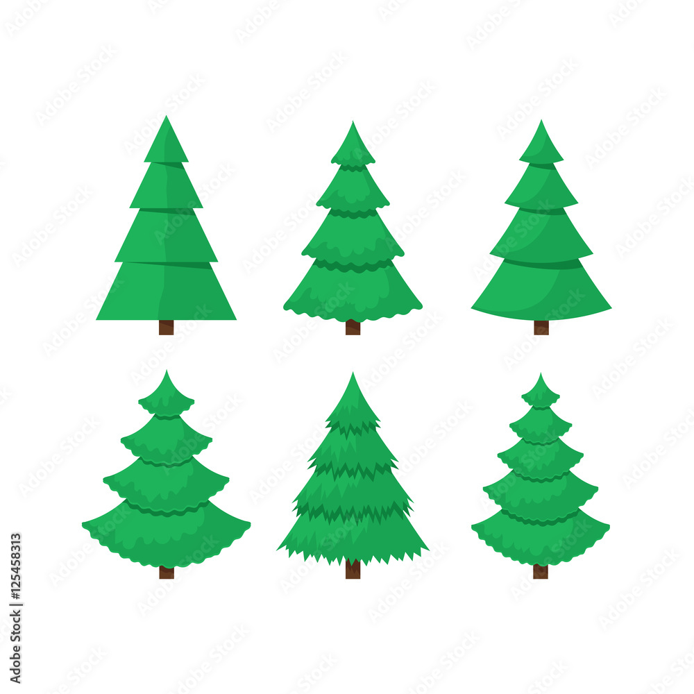 Set of flat Christmas trees for cards. Elements of green forest, park or garden for city decoration. Natural holiday objects for the game. Vector illustration isolated on white.