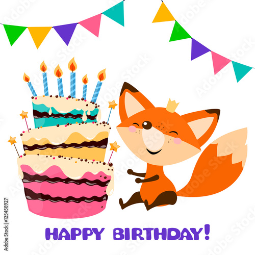 cute fox with Birthday Cake. Happy birthday card design.Vector holiday party template. Greeting postcard image. vector illustration