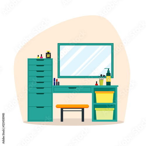 Cute colorful flat dressing tables with girl's things, mirror, perfume, lipstick, cosmetic. Isolated interior objects for dressing woman room. Furniture for feminine boudoir vector illustration