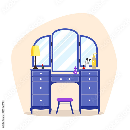 Cute colorful flat dressing tables with girl's things, mirror, perfume, lipstick, cosmetic. Isolated interior objects for dressing woman room. Furniture for feminine boudoir vector illustration