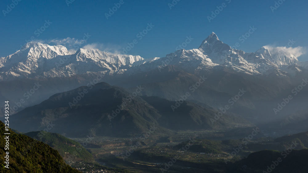View of the Himalaya Range at sunset from Sarankot, Phokara, Nepal