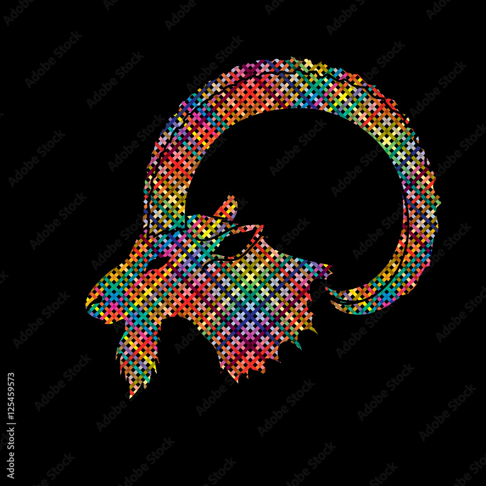 Ibex head with big horn designed using colorful pixels graphic vector.