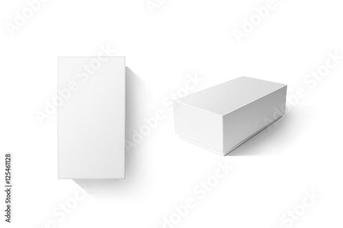 White carton product box set mockup, top side view, clipping path. Clear blank rectangular cardboard phone crate mock up. Plain closed shoe package template isolated. Smartphone store product pack.