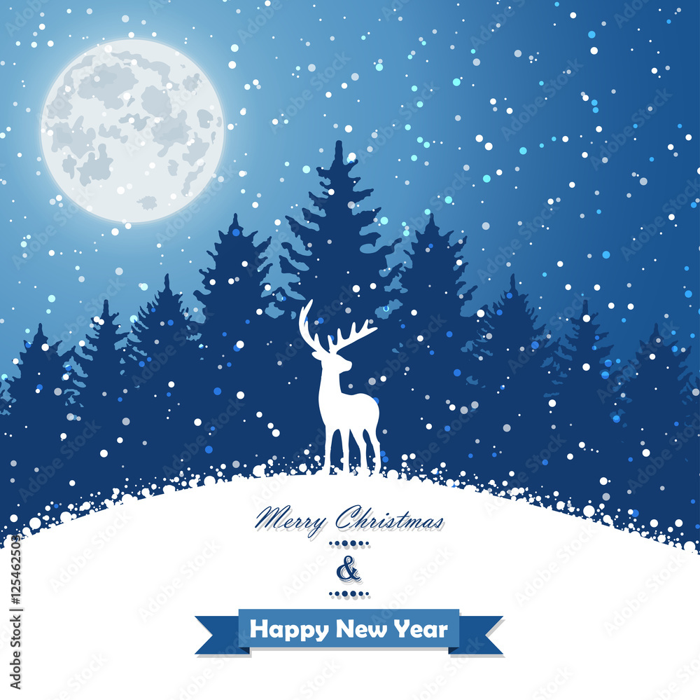 Naklejka premium Winter christmas forest with deer