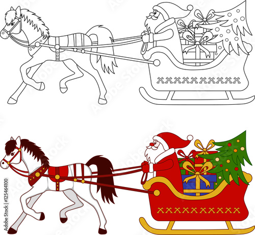 Horse driven Christmas sleigh with Santa. The coloring and color image