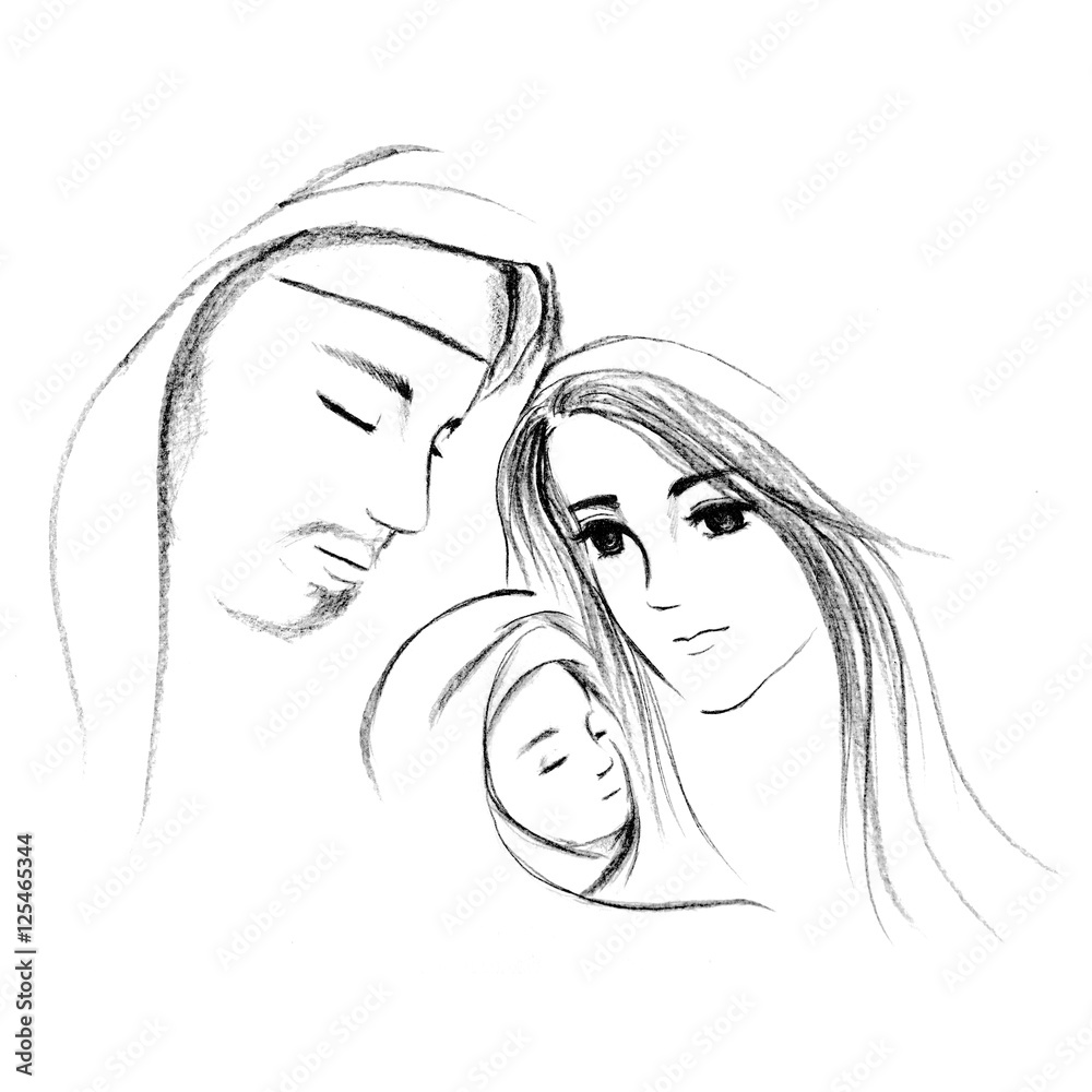 Baby Jesus and Mary Joseph hand drawn illustration | Christmas season scene | Christian art drawing