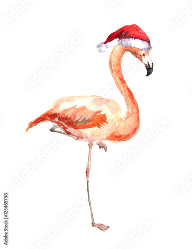 Christmas flamingo in red santa s hat. Watercolor bird