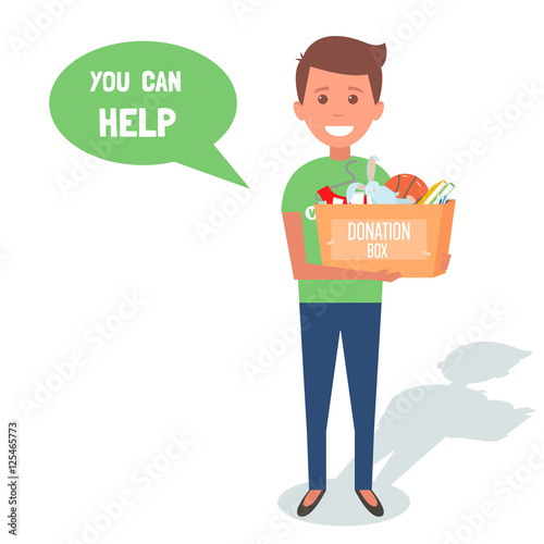 Man Volunteers with donation boxes isolated on white. Vector Illustration.