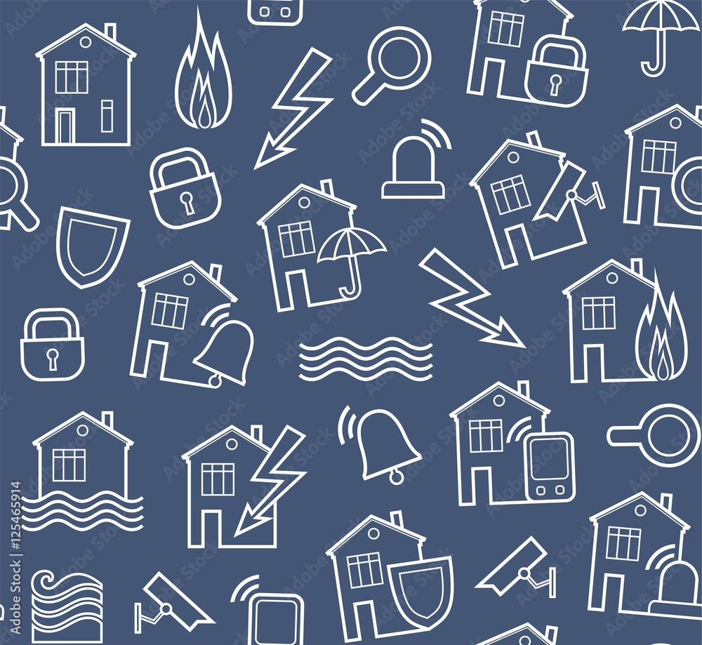 Security of housing and office buildings, background, seamless, gray-blue. Vector background with white contour drawings on grey-blue field. Protection of residential and business premises. Security of housing and office buildings, background, seamless, gray-blue. Vector background with white contour drawings on grey-blue field. Protection of residential and business premises.