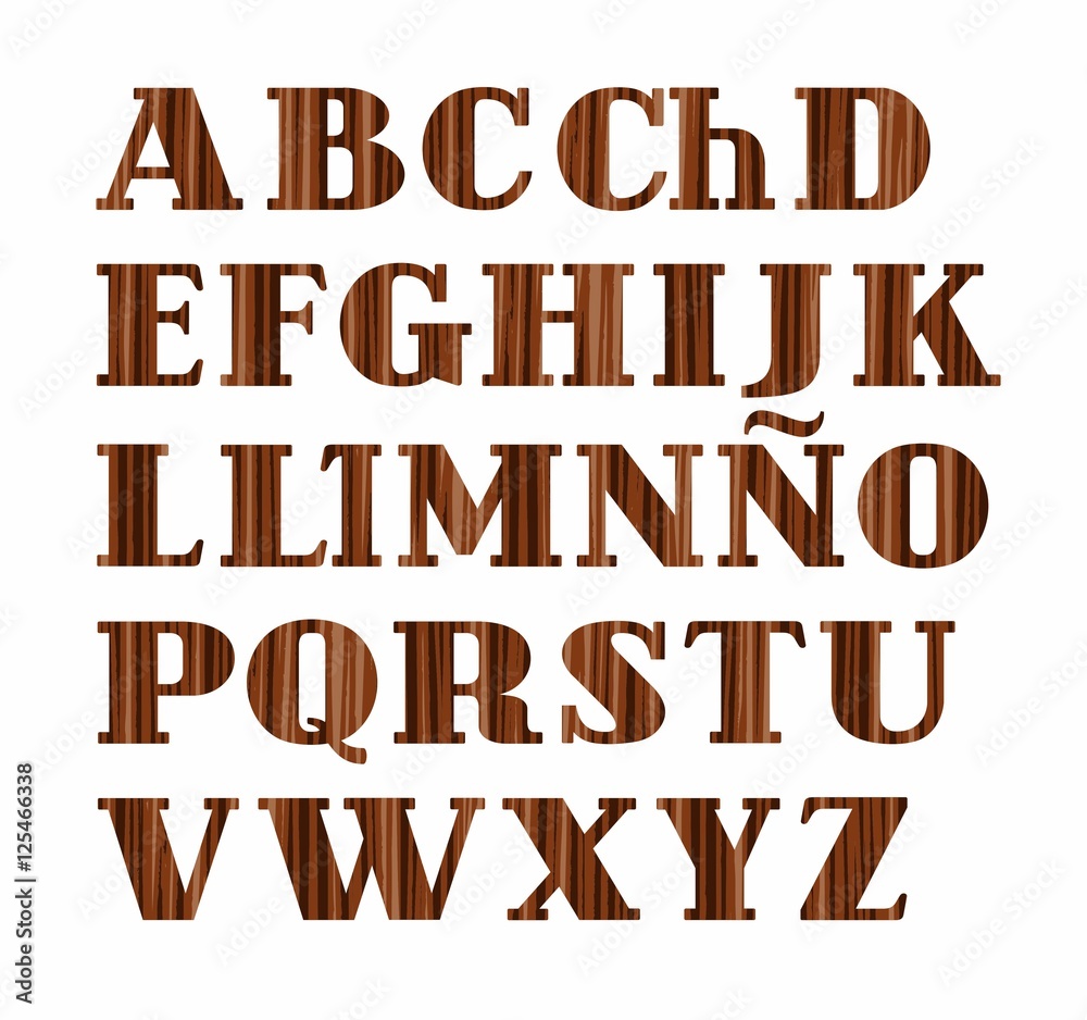 Spanish alphabet, capital letter, wood texture, imitation, vector. Vector font, on a white background. Brown letters, imitation wood texture. 
