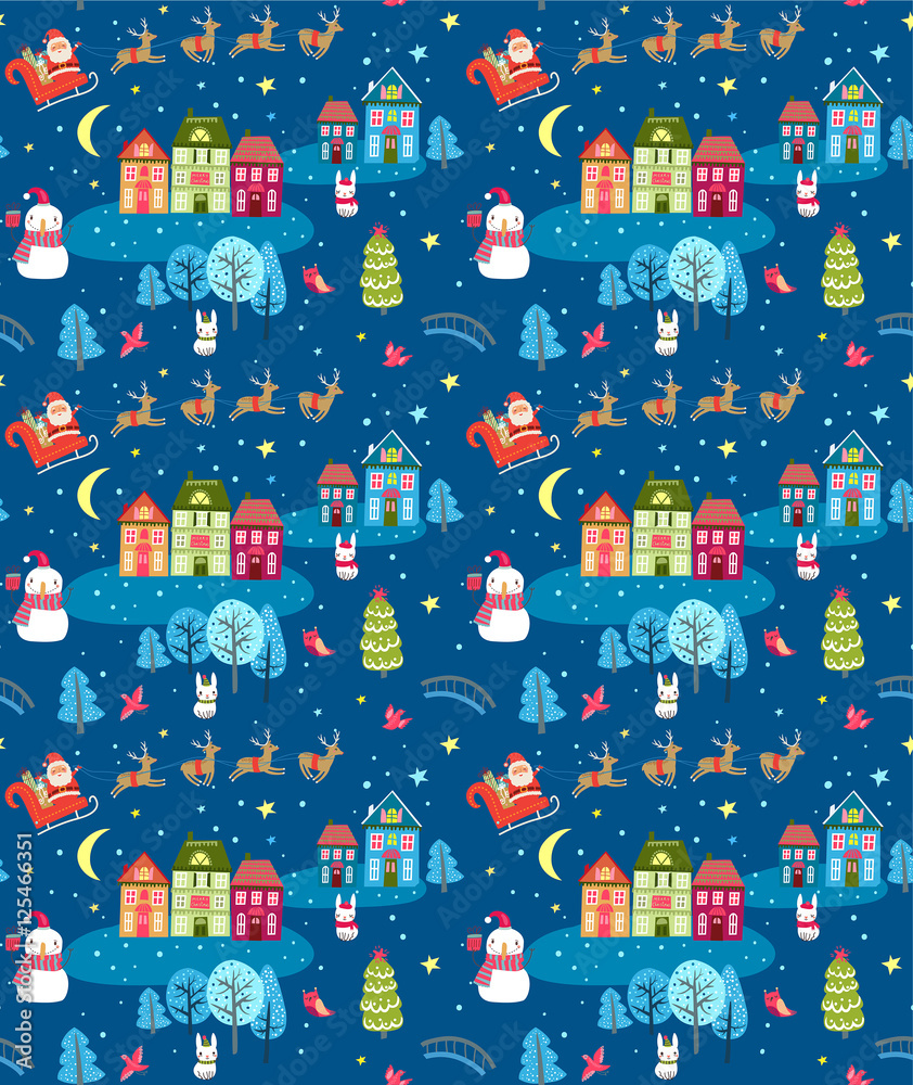 Christmas seamless pattern with Santa and festive town