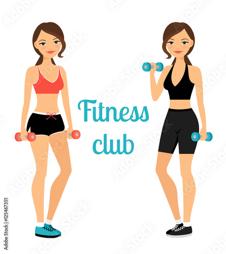 Fitness club advertising banner template with two young ladies. Vector illustration