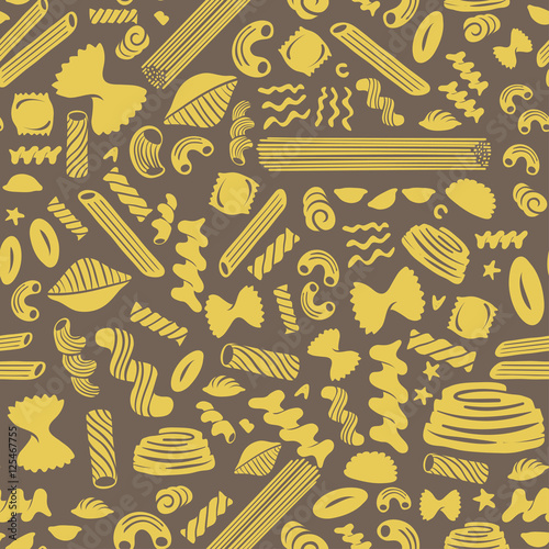 Pasta seamless pattern on brown background.